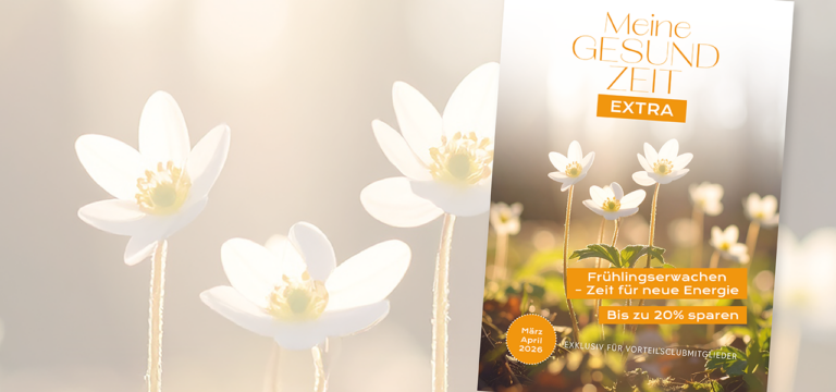 Das Coverbild von Meine GesundZeit Extra Heft. weiße Blumen im Hintergrund.