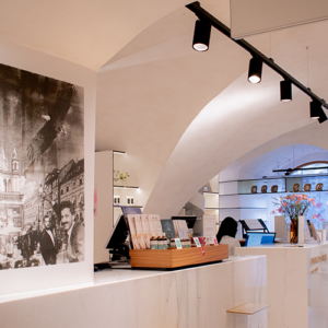 Blick ins Innere der Adler Apotheke, das eine elegante und moderne Gestaltung zeigt. An der Wand befindet sich ein großes Schwarz-Weiß-Bild, das eine historische Szenerie darstellt. Der Empfangstresen aus marmoriertem Material ist gut sichtbar, während im Hintergrund Regale mit verschiedenen Produkten angeordnet sind. Sanftes Licht von den Deckenleuchten schafft eine einladende Atmosphäre.