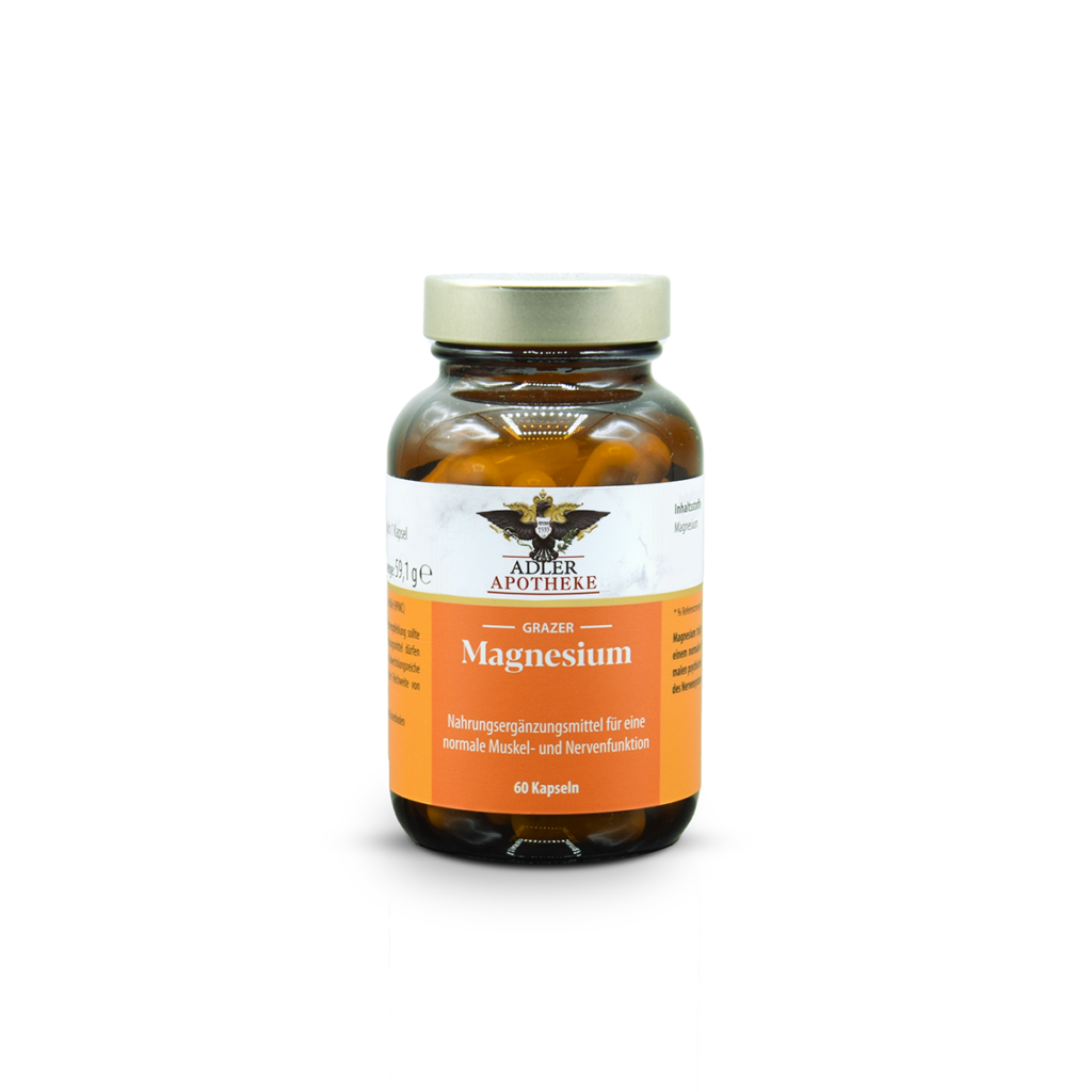 Dunkelbraunes Gefäß mit einem silbernen Deckel. Eine orange Etikette Grazer Magnesium Kapseln 60 Stück.