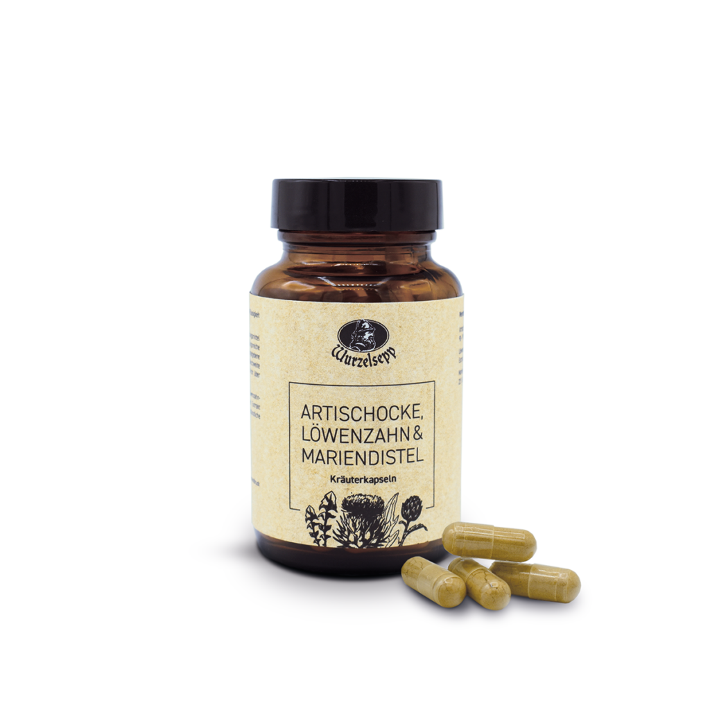 Dunkelbrauen Gefäß mit einem schwarzem Deckel. Eine hellbraune Etikette. Wurzelsepp Artischocke, Löwenzahn und Mariendistel Kräuterkapseln