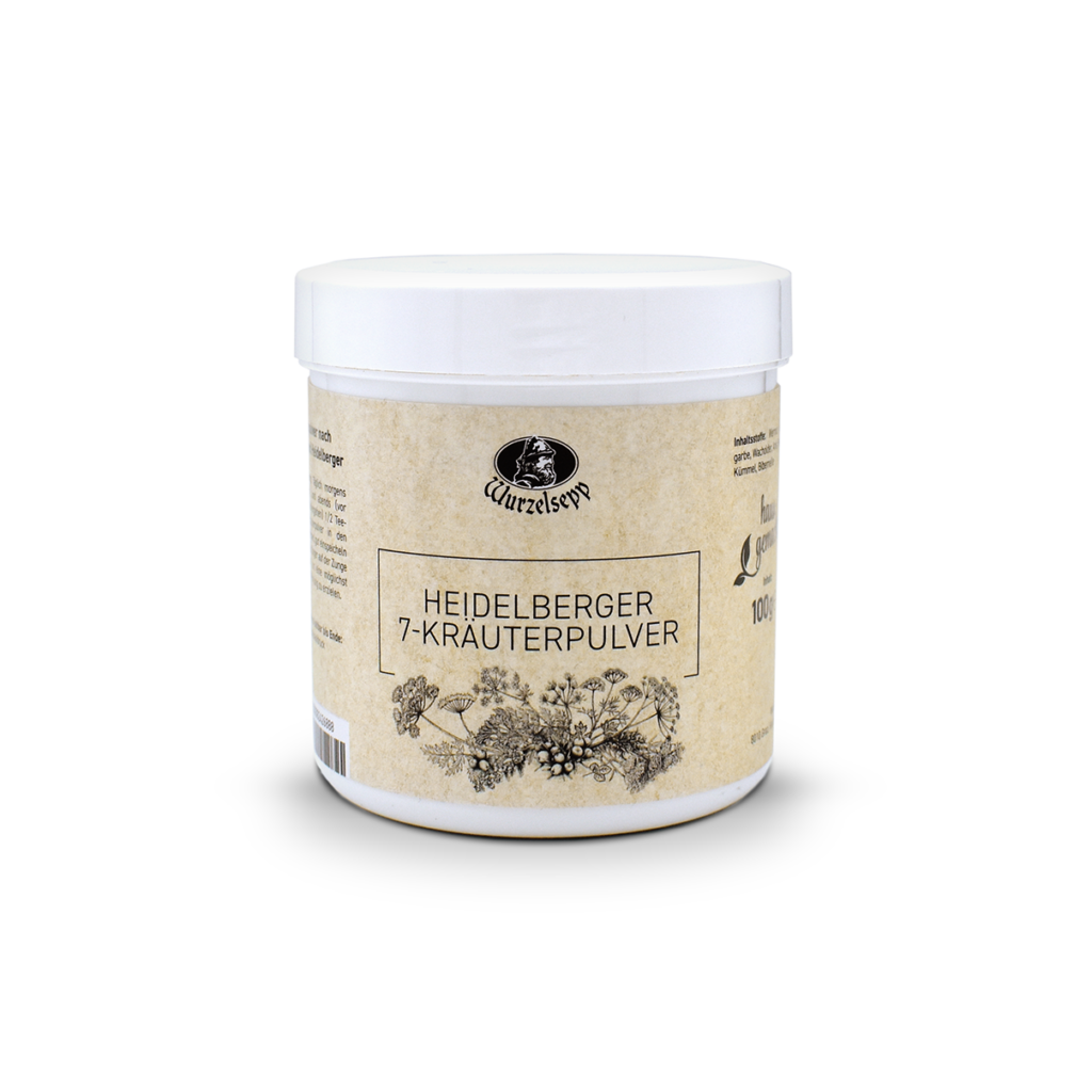 Ein weißes Gefäß mit einem weißen Deckel. Eine hellbraune Etikette. Wurzelsepp Heidelberger 7-Kräuterpulver.