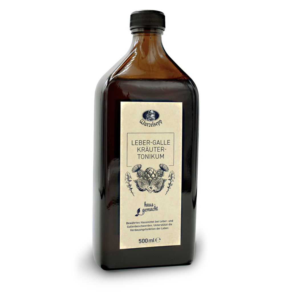 Eine dunkelbraune Flasche mit einem schwarzem Deckel. Eine hellbraune Etikette. Wurzelsepp Leber Gale Kräuter Tonikum